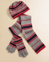 A warm, weighty wool-blend from Italy in handsome stripes for school, snowball fights and every wintry day.Smooth knit crown with ribbed trim40% wool/28% rayon/15% nylon/10% cashmere/7% angoraDry cleanImported