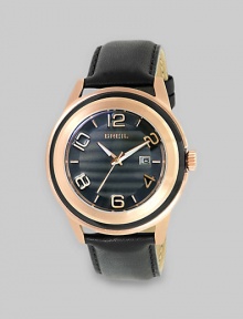 Perfect for the sophisticated man, a black-and-gold beauty with modern numeric markers and a sleek leather strap.Quartz movementWater resistant to 10 ATMRound rose gold IP and glass case, 45mm (1.8)Smooth rose gold IP bezelBlack dialNumeric markersDate display at 3 o'clockSecond handBlack leather strapImported