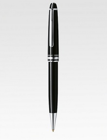 Ballpoint with twist mechanism at tip, with barrel and cap made of precious resin and floating logo emblem.BallpointPlatinum-plated clipResin with inlaid logo emblemAbout 5½ longMade in Germany Ballpoint with twist mechanism at tip, with barrel and cap made of precious resin and floating logo emblem.BallpointPlatinum-plated clipResin with inlaid logo emblemAbout 5½ longMade in Germany