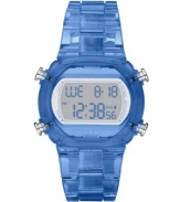 Satisfy your sweet tooth with this Candy watch by adidas. Translucent blue nylon plastic strap and case. Positive display digital dial with gray background features time, date, alarm, chronograph, countdown timer and ten-lap memory. Quartz movement. Water resistant to 50 meters. Two-year limited warranty.