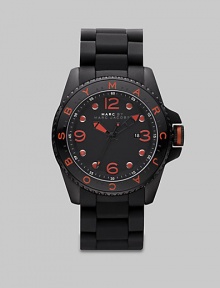 In basic black and vivid orange, a sporty watch that promises to make a statement.QuartzWater-resistant to 5 ATMRound case; 45mm (1.8)Black dial with orange aluminum detailsNumbers and markersDate display at 3 o'clockSecond handStainless steel with silicone wrap strapMade in Japan In basic black and vivid orange, a sporty watch that promises to make a statement.QuartzWater-resistant to 5 ATMRound case; 45mm (1.8)Black dial with orange aluminum detailsNumbers and markersDate display at 3 o'clockSecond handStainless steel with silicone wrap strapMade in Japan