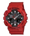 Toughen up with this do-everything timepiece encased in durable armor from G-Shock. Crafted of red resin strap and round case. Black shock-resistant, analog-digital dial features luminous stick indices and hands, auto LED light, world time, daily alarm and one snooze, stopwatch, countdown timer, speed indicator and 12/24-hour formats. Quartz movement. Water resistant to 200 meters. One-year limited warranty.