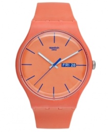 Sun kissed loveliness: a vibrant sport watch by Swatch from the Orangy Pink Rebel collection.
