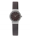 Simplicity yields elegance. Watch by Skagen Denmark crafted of brown leather strap and round stainless steel case with shiny mirrored bezel. Brown mother-of-pearl dial features crystal accents at markers, two silver tone hands and logo. Quartz movement. Water resistant to 30 meters. Limited lifetime warranty.