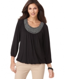 You'll never need extra accessories with Alfani's embellished top. This elegant piece features a built-in bib necklace full of faceted stones and intricate soutache trim! You'll never need extra accessories with Alfani's embellished top. This elegant piece features a built-in bib necklace full of faceted stones and intricate soutache trim!