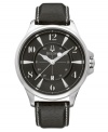 With timeless charm and expert precision, the perfect casual watch from Bulova. Black leather strap with contrast stitch. Silvertone stainless steel round case and round black dial with subdial, date window, logo and numeral indices. Quartz movement. Water resistant to 50 meters. Three-year limited warranty.