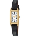 Bring refinement to everyday with the slim lines of this solar-powered dress watch by Seiko. Black croc-emobssed leather strap and rectangular gold tone stainless steel case, 16mm. White dial features black Roman numerals, two gold tone hands and logo. Solar-powered quartz movement. Water resistant to 30 meters. Three-year limited warranty.