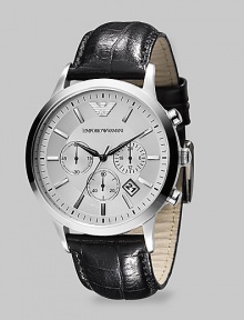 A slim, stainless steel timepiece crafted with chronograph functionality on a croco-textured leather strap. Quartz movement Water-resistant to 5ATM /50m Stainless steel case, 43mm, 1.69 Croco leather band, 23mm wide, .90 Sapphire crystal Cream dial Hour markers Date display Imported 