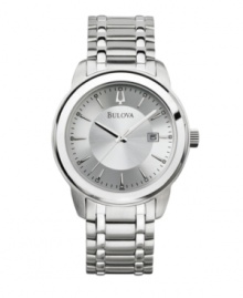 Mark each hour with timeless sophistication. Watch by Bulova crafted of stainless steel bracelet and round case. Silver tone dial features applied stick indices, minute track, date window at three o'clock, three hands and logo. Quartz movement. Water resistant to 30 meters. Three-year limited warranty. Mark each hour with timeless sophistication. Watch by Bulova crafted of stainless steel bracelet and round case. Silver tone dial features applied stick indices, minute track, date window at three o'clock, three hands and logo. Quartz movement. Water resistant to 30 meters. Three-year limited warranty.