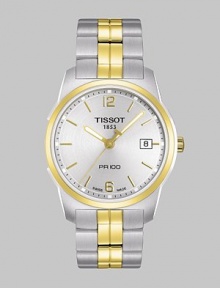 From the T-Classic Collection. An elegant, uncluttered timepiece in sleek stainless steel with goldtone accents.Precision Swiss quartz ETA movement Water-resistant to 100M Goldtone and stainless steel bezel Round stainless steel case; 38mm diameter (1.5) Scratch-resistant sapphire crystal Silver dial Golden Arabic numerals and hour markers Second hand Date display at 3:00Two-tone link bracelet Foldover push-button clasp Made in Switzerland From the T-Classic Collection. An elegant, uncluttered timepiece in sleek stainless steel with goldtone accents.Precision Swiss quartz ETA movement Water-resistant to 100M Goldtone and stainless steel bezel Round stainless steel case; 38mm diameter (1.5) Scratch-resistant sapphire crystal Silver dial Golden Arabic numerals and hour markers Second hand Date display at 3:00Two-tone link bracelet Foldover push-button clasp Made in Switzerland