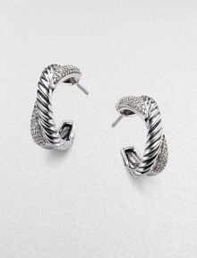 An arc of pavé diamonds crisscrosses a curved cable of sterling silver to form a striking yet simple X-shaped hoop. Diamonds, 0.42 tcw Sterling silver Drop, about ¾ Post back Imported An arc of pavé diamonds crisscrosses a curved cable of sterling silver to form a striking yet simple X-shaped hoop. Diamonds, 0.42 tcw Sterling silver Drop, about ¾ Post back Imported