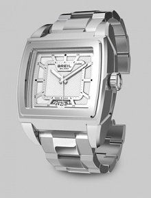 A sleek design in gleaming stainless steel with quartz precision, a square face and patterned silver dial. Quartz movement Water resistant to 10 ATM Date function at 6 o'clock Second hand Stainless steel case: 38mm Deployment clasp Made in Switzerland 