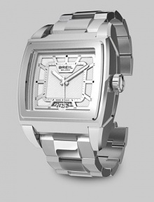 A sleek design in gleaming stainless steel with quartz precision, a square face and patterned silver dial. Quartz movement Water resistant to 10 ATM Date function at 6 o'clock Second hand Stainless steel case: 38mm Deployment clasp Made in Switzerland A sleek design in gleaming stainless steel with quartz precision, a square face and patterned silver dial. Quartz movement Water resistant to 10 ATM Date function at 6 o'clock Second hand Stainless steel case: 38mm Deployment clasp Made in Switzerland