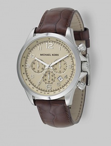 Superior style in stainless steel with heritage-inspired chronograph detail on an embossed leather strap. Quartz movement Water-resistant to 10 ATM Stainless steel case Round case; 44mm diameter (1.73) Three chronograph sub dials Arabic numerals and hour markers Date display at 4:00 Second hand Embossed leather strap Imported Superior style in stainless steel with heritage-inspired chronograph detail on an embossed leather strap. Quartz movement Water-resistant to 10 ATM Stainless steel case Round case; 44mm diameter (1.73) Three chronograph sub dials Arabic numerals and hour markers Date display at 4:00 Second hand Embossed leather strap Imported