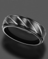 Strong, durable black titanium showcases silver tone etching on this sleek ring by Triton. 7 mm band. Sizes 8-15.