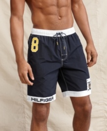 Captain your poolside style with these yachting inspired swim shorts from Tommy Hilfiger. Captain your poolside style with these yachting inspired swim shorts from Tommy Hilfiger.