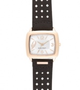 Rosy hues meet dark tones in this eye-catching watch from Nine West. Crafted of black perforated leather strap and rounded square rose-gold tone mixed metal case. Silver dial with rose-gold tone numerals at three, six, nine and twelve o'clock, applied stick incides, minute track, hour and minute hands, sweeping second hand and logo at six o'clock. Quartz movement. Limited lifetime warranty.