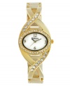 Light up the room with this unique bangle watch by Style&co. Gold tone mixed metal bangle bracelet with crystal-accented crossed links and oval case. White dial features gold tone numerals at twelve, three, six and nine o'clock, three hands and logo. Quartz movement. Two-year limited warranty.