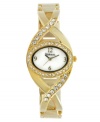 Light up the room with this unique bangle watch by Style&co. Gold tone mixed metal bangle bracelet with crystal-accented crossed links and oval case. White dial features gold tone numerals at twelve, three, six and nine o'clock, three hands and logo. Quartz movement. Two-year limited warranty.