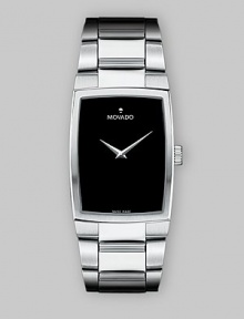 From the Eliro Collection. Elegantly understated, with a subtly curved case and smart link bracelet of stainless steel, plus a simple black dial. Swiss quartz movement Water-resistant to 3ATM Stainless steel bezel Rectangular stainless steel case; 38mm long (1.5) Black dial One silvery hour marker at 12:00 Stainless steel link bracelet; 20mm wide (.79) Made in Switzerland