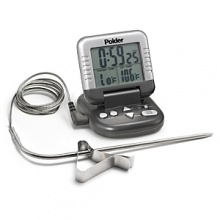 Presettable alarm temperature range from 32°F to 392°F. Timer & thermometer work simultaneously or individually. Memory function saves last used temperature. 5 minute alarm. Extra long 43 high-heat probe wire Presettable alarm temperature range from 32°F to 392°F. Timer & thermometer work simultaneously or individually. Memory function saves last used temperature. 5 minute alarm. Extra long 43 high-heat probe wire