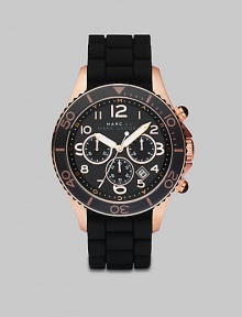Black meets gold for a dramatic timepiece for the sophisticated man.QuartzRound case, about 46mm (1.8)Black dialThree-eye chronograph functionalityDate display at 4 o'clockRose gold arabicsSecond handBlack silicon strapMade in Japan Black meets gold for a dramatic timepiece for the sophisticated man.QuartzRound case, about 46mm (1.8)Black dialThree-eye chronograph functionalityDate display at 4 o'clockRose gold arabicsSecond handBlack silicon strapMade in Japan