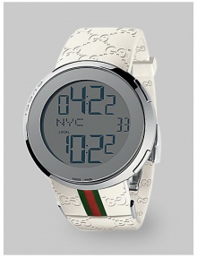 From the I-Gucci Collection. Two times can be displayed at once, in bold numbers on this sleek dial that offers the option of a digital or analog display. Digital quartz movement Water-resistant to 3ATM Stainless steel case and bezel Integrated crowns Round case; 44mm diameter (1.73) Scratch-resistant sapphire crystal Silver dial with blue display Arabic numeralsEmbossed white rubber strap with signature green-red-green detail Made in Switzerland From the I-Gucci Collection. Two times can be displayed at once, in bold numbers on this sleek dial that offers the option of a digital or analog display. Digital quartz movement Water-resistant to 3ATM Stainless steel case and bezel Integrated crowns Round case; 44mm diameter (1.73) Scratch-resistant sapphire crystal Silver dial with blue display Arabic numeralsEmbossed white rubber strap with signature green-red-green detail Made in Switzerland