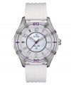 Bulova takes the sport watch to a new level of class with this Marine Star design. Watch crafted of white ribbed polyurethane strap and round stainless steel case. Glass bezel with purple numerals. Mother-of-pear dial features applied silver tone numerals and stick indices, luminous hour and minute hands, purple second hand and logo. Quartz movement. Water resistant to 50 meters. Three-year limited warranty.