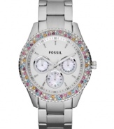 Add colorful glitz to your everyday watch! This Stella collection timepiece from Fossil is a classic steel design with bright and vibrant stones circling the dial.
