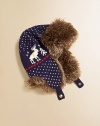 This festive trapper hat is crafted in a bold Fair Isle knit reindeer pattern and trimmed with plush faux fur for extra-cozy warmth.Faux fur trim along front flap, earflaps and backSnap-close strapFully linedCotton/Merino WoolHand washImported