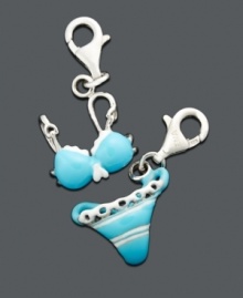 You won't have to hit the gym to wear this bikini. Charm set features a blue and white bikini top and bottom. Charms crafted in sterling silver with lobster claw clasp. Approximate drop: 1/2 inch. You won't have to hit the gym to wear this bikini. Charm set features a blue and white bikini top and bottom. Charms crafted in sterling silver with lobster claw clasp. Approximate drop: 1/2 inch.
