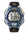 The iconic Timex Ironman watch with functions for athletes at every level. Black resin strap with yellow accents and round gray case. Blue bezel with yellow logo. Digital display dial features initial time, seconds, day and date. Quartz movement. Water resistant to 100 meters. One-year limited warranty.