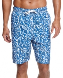 In the deep blue sea. Prepare to explore in comfort and style with these paisley swim trunks from Club Room. In the deep blue sea. Prepare to explore in comfort and style with these paisley swim trunks from Club Room.