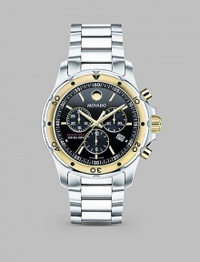 Sleek Swiss movement in a sporty stainless steel chronograph design.Swiss quartz movement Water resistant to 20 ATM Goldplated stainless steel bezel with minute markers Round stainless steel case, 40mm, (1.57) Sapphire crystal Black chronograph dial Index hour markers Date display at 4 o'clock Second hand Stainless steel link bracelet Deployment buckle Made in Switzerland Sleek Swiss movement in a sporty stainless steel chronograph design.Swiss quartz movement Water resistant to 20 ATM Goldplated stainless steel bezel with minute markers Round stainless steel case, 40mm, (1.57) Sapphire crystal Black chronograph dial Index hour markers Date display at 4 o'clock Second hand Stainless steel link bracelet Deployment buckle Made in Switzerland