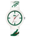 The classic croc logo of Lacoste makes a splashy appearance on this men's and women's watch. White and green alligator logo design silicone strap. Round white plastic case and round white dial with logo and stick indices. Quartz movement. Water resistant to 30 meters. Two-year limited warranty.