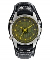 Bypass boring with this bold watch by Unlisted. Black leather cuff strap with contrast stitching and round silver tone mixed metal case. Yellow-tinted positive display digital dial features tachymeter scale, day, date and time and three white hands for analog timekeeping. Quartz movement. Splash resistant. Two-year limited warranty.