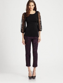 Gorgeous paisley jacquard adds a boho-chic update to this signature cropped-leg pant.Tab-front waistBelt loopsZip-flyFlat frontBack welt pocketsRise, about 8Inseam, about 2774% cotton/22% polyelastane/4% LycraDry cleanImportedModel shown is 5'10 (177cm) wearing US size 4. Gorgeous paisley jacquard adds a boho-chic update to this signature cropped-leg pant.Tab-front waistBelt loopsZip-flyFlat frontBack welt pocketsRise, about 8Inseam, about 2774% cotton/22% polyelastane/4% LycraDry cleanImportedModel shown is 5'10 (177cm) wearing US size 4.
