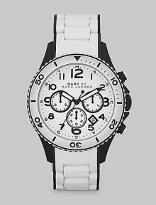 Sporty two-tone chronograph style crafted of stainless steel with a white silicone wrap.Quartz movementWater-resistant to 5ATMRound case, 46mm diameter (1¾)Enamel top ringBlack & white chronograph dialDay/date displaySecond handBracelet 22mm (.87)Imported