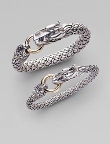 From the Naga Collection. An intricately carved dragon adds a touch of the exotic to your wrist, grasping a golden ring clasp in his mouth. Sterling silver and 18k yellow gold Diameter, about 2½ Width, about ¼ Ring clasp Made in Bali Please note: Bracelets sold separately. From the Naga Collection. An intricately carved dragon adds a touch of the exotic to your wrist, grasping a golden ring clasp in his mouth. Sterling silver and 18k yellow gold Diameter, about 2½ Width, about ¼ Ring clasp Made in Bali Please note: Bracelets sold separately.