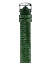 A watch strap from Philip Stein in genuine green lizard skin, with metallic sheen and stainless steel thorn buckle.