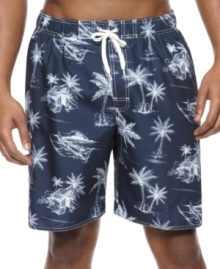 It doesn't matter what your roots are. If warm weather is your style you'll love these graphic print swim trunks from Newport Blue. It doesn't matter what your roots are. If warm weather is your style you'll love these graphic print swim trunks from Newport Blue.