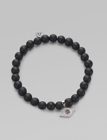 A protective symbol in many cultures, an evil eye charm of 14k white gold is richly set with diamonds and sapphires, and hangs from a stretchy strand of matte black onyx beads. Diamonds, 0.07 tcw Black onyx 14k white gold Diameter, about 2 (unstretched) Charm length, about ½ Imported A protective symbol in many cultures, an evil eye charm of 14k white gold is richly set with diamonds and sapphires, and hangs from a stretchy strand of matte black onyx beads. Diamonds, 0.07 tcw Black onyx 14k white gold Diameter, about 2 (unstretched) Charm length, about ½ Imported