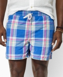 A classic-fitting swim boxer is crafted in a quick-drying cotton-nylon blend with a bright plaid pattern for a preppy look. A classic-fitting swim boxer is crafted in a quick-drying cotton-nylon blend with a bright plaid pattern for a preppy look.