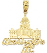 Honor our nation's capital. This iconic charm features the the words Washington D.C. inscribed on the front, along with the Capitol Building. Set in 14k gold. Chain not included. Approximate length: 9/10 inch. Approximate width: 8/10 inch.