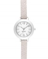 Crisp and refined watch in a slim silhouette from Nine West. Crafted of white leather strap and round silver tone mixed metal case. Silver tone dial features applied stick indices, numerals at twelve and six o'clock, hour and minute hands, sweeping second hand and logo at six o'clock. Quartz movement. Limited lifetime warranty.