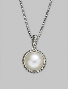 A traditional pearl goes modern with this sterling silver, cable-wrapped pendant on a silver chain. White freshwater pearl Sterling silver Chain length, about 18 Pendant diameter, about ½ Lobster clasp Imported A traditional pearl goes modern with this sterling silver, cable-wrapped pendant on a silver chain. White freshwater pearl Sterling silver Chain length, about 18 Pendant diameter, about ½ Lobster clasp Imported