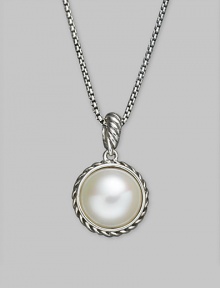 A traditional pearl goes modern with this sterling silver, cable-wrapped pendant on a silver chain. White freshwater pearl Sterling silver Chain length, about 18 Pendant diameter, about ½ Lobster clasp Imported