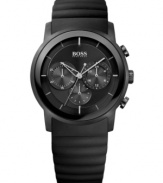 A rugged everyday watch for the man always on the move, by Hugo Boss. Crafted of black rubber strap and round black ion-plated stainless steel case. Black chronograph dial features applied stick indices, three subdials, silver tone three hands and logo at twelve o'clock. Quartz movement. Water resistant to 50 meters. Two-year limited warranty.