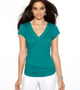 Build your wardrobe with a fabulous-fitting petite tee from INC! The voile trim adds a delicate touch to this essential.