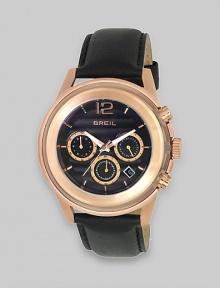 Gorgeous rose gold IP and a black leather strap give this tony timepiece a classic look.Quartz movementWater resistant to 10 ATMRose gold IP and black glass case, 45mm (1.8)Smooth rose gold IP bezelBlack dialThree chronograph sub-dialsBar markersSecond handBlack rubber strapImported Gorgeous rose gold IP and a black leather strap give this tony timepiece a classic look.Quartz movementWater resistant to 10 ATMRose gold IP and black glass case, 45mm (1.8)Smooth rose gold IP bezelBlack dialThree chronograph sub-dialsBar markersSecond handBlack rubber strapImported